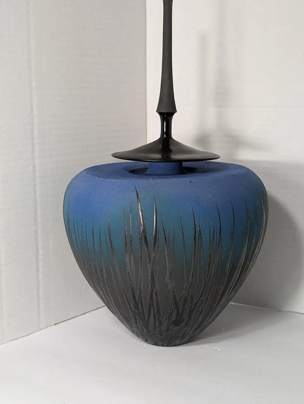 Modernist Studio Art Pottery Lidded Vessel Ombre Blue Sgraffito Grass Tall
